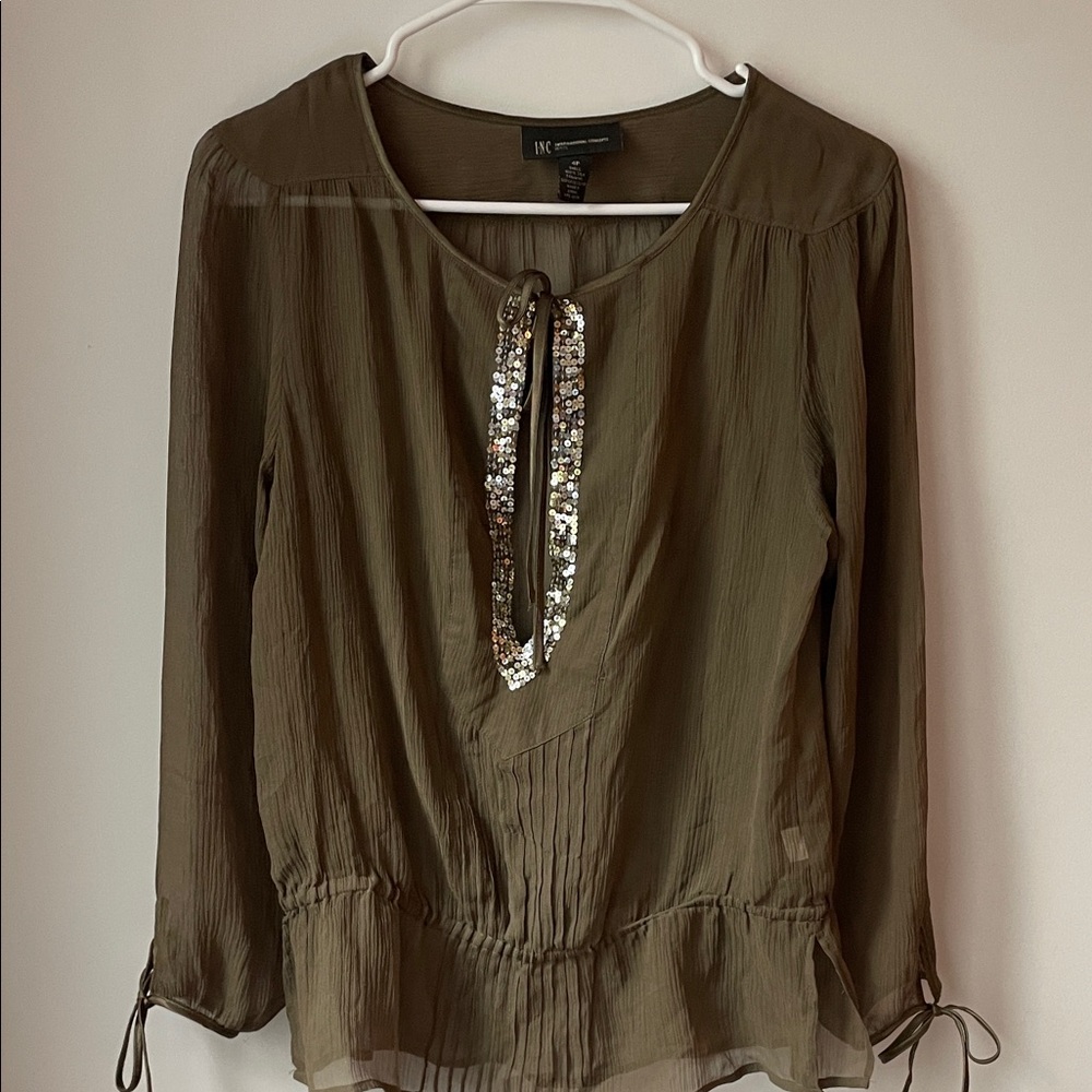 INC International Concepts Olive Blouse with Sequin Tie